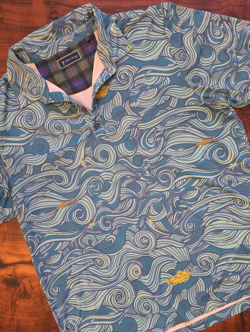 William Murray Golf Teal & Blue Wave-Print Polo with Nautical Motifs